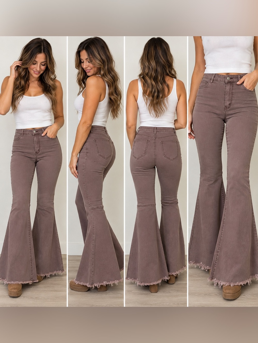 By Together L Mauve High-Rise Super Flare Bell Bottom Jeans Raw Hem